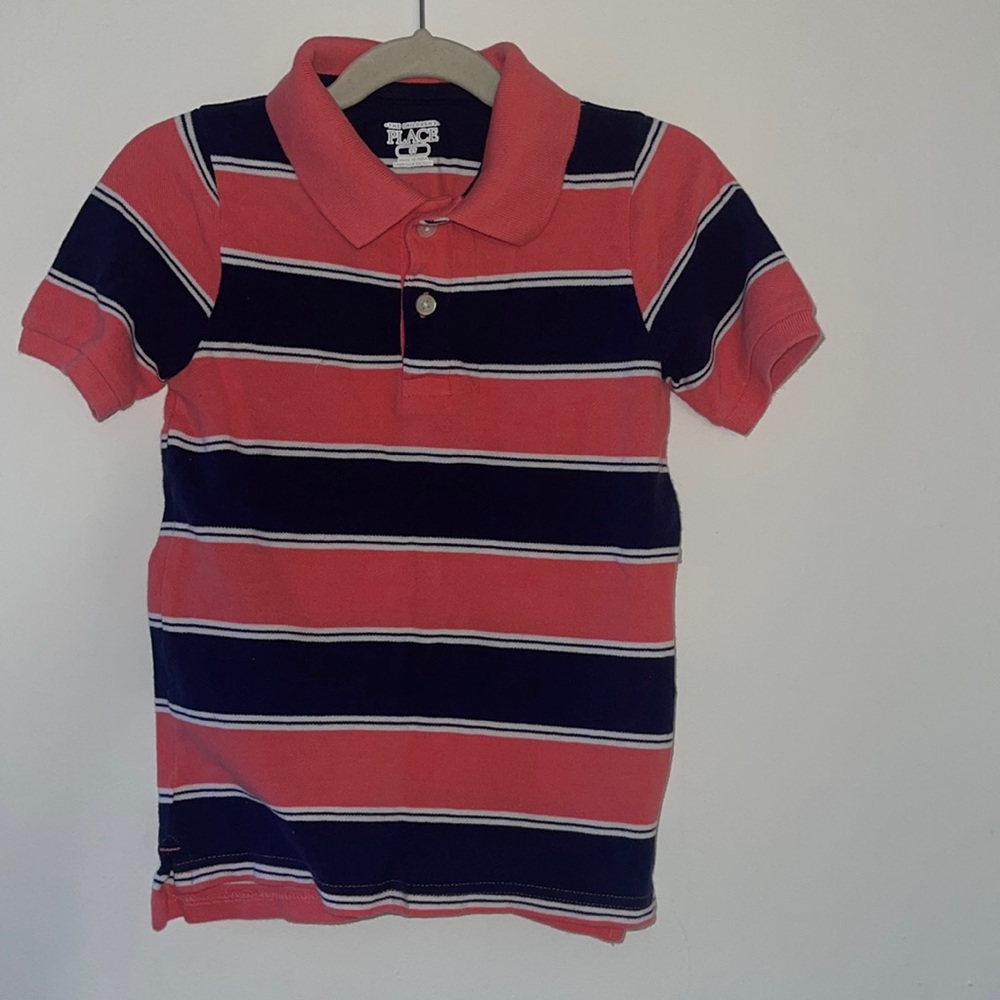 The Children’s Place pink, white, and navy blue stripped polo (size: 5T)